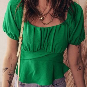 Dark Green Solid Color Ruched Crossed Waist Tied Back Short Sleeve Peplum Top