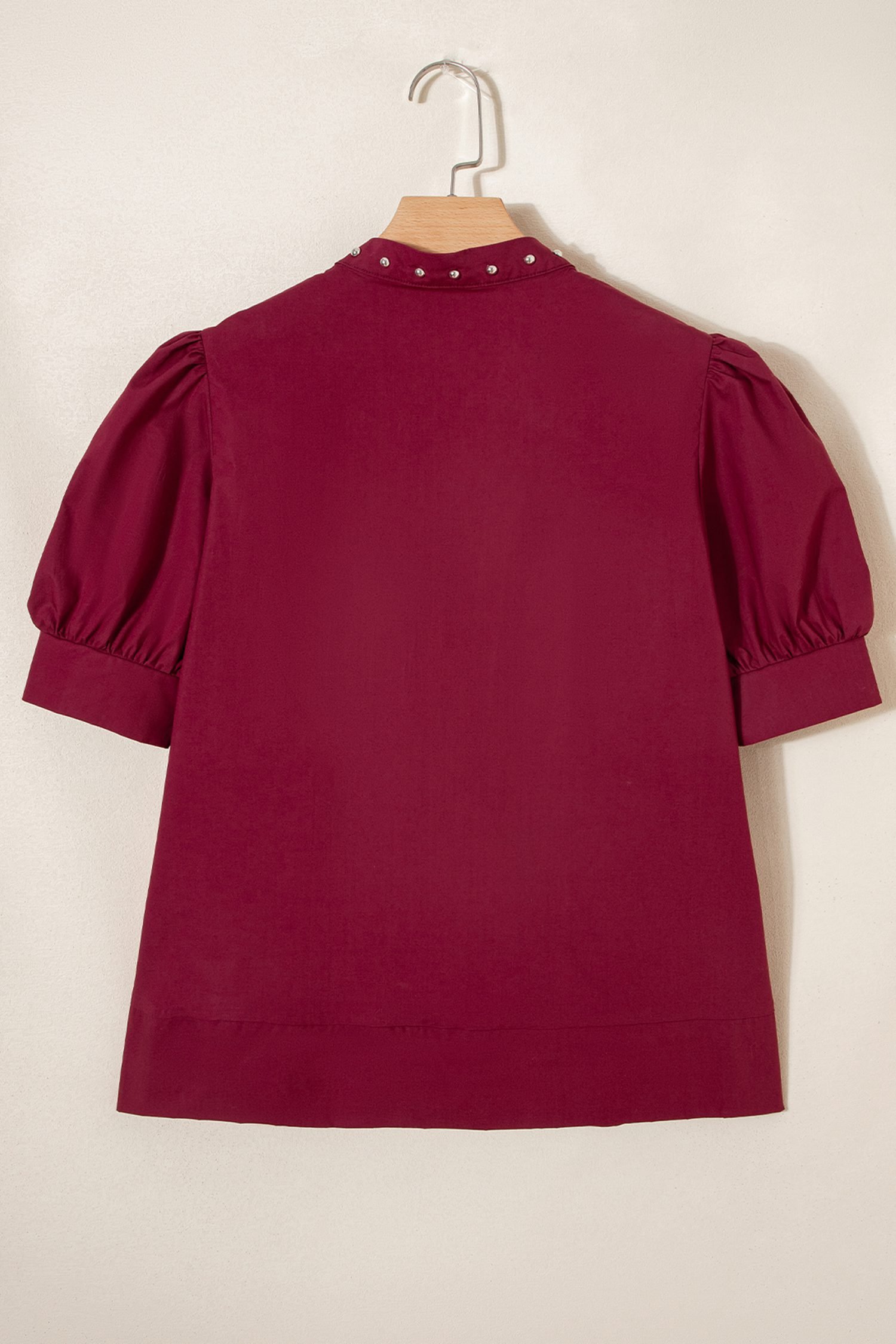 Burgundy Rivet Embellished V Neck Short Puff Sleeve Blouse
