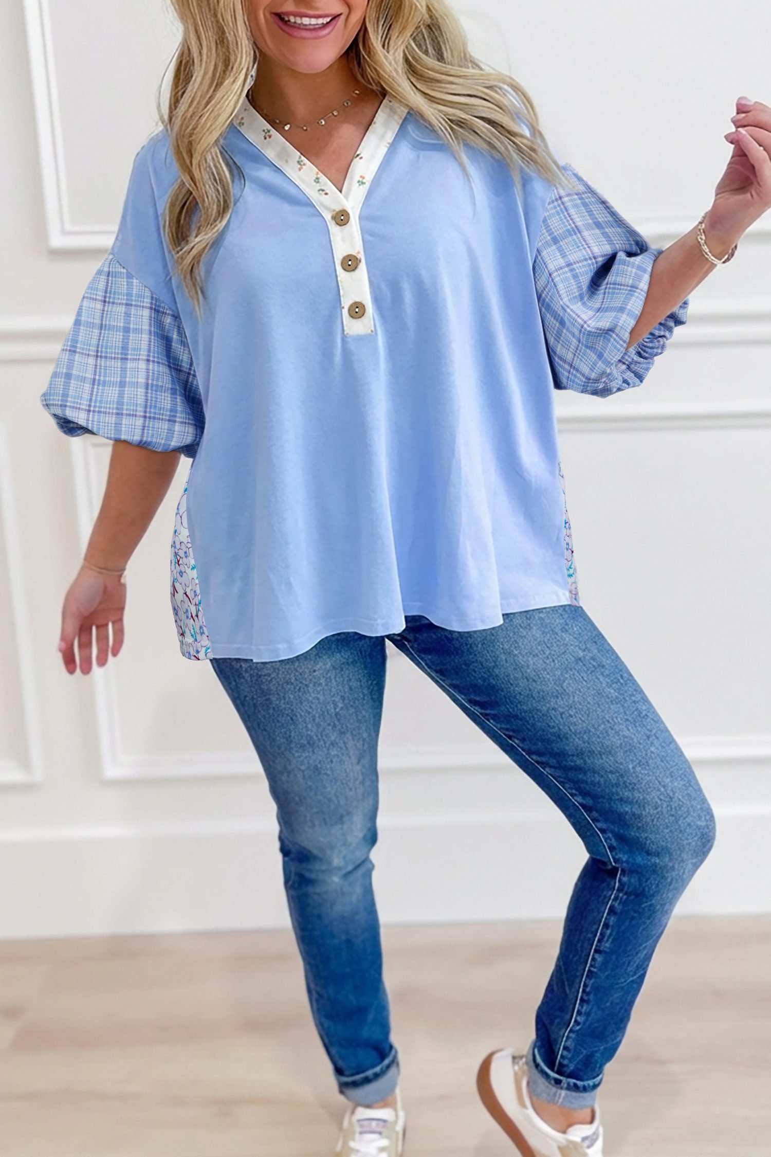 Beau Blue Color Block Plaid Bubble Sleeve Patchwork Blouse