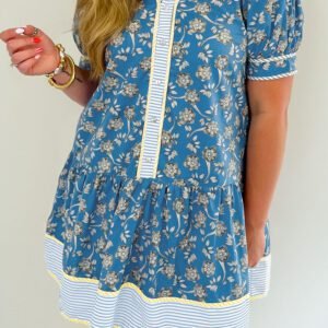 Blue Plus Size Floral Print Striped Patchwork Detail Button Front Ruffle Hem Dress