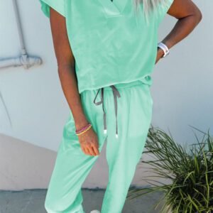 Mint Green Solid Color V Neck Tee Drawstring Pant Set