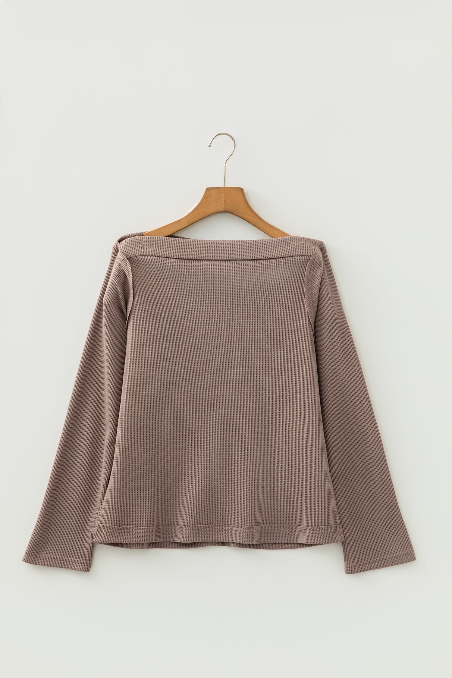 Old Rose Solid Color Waffle Knit Asymmetric Neck Long Sleeve Top - Image 5