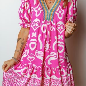 Rose Boho Mixed Print Contrast Trim V Neck Short Sleeve Flared Dress