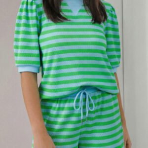 Green Stripe Puff Short Sleeve T Shirt Matching Shorts Set