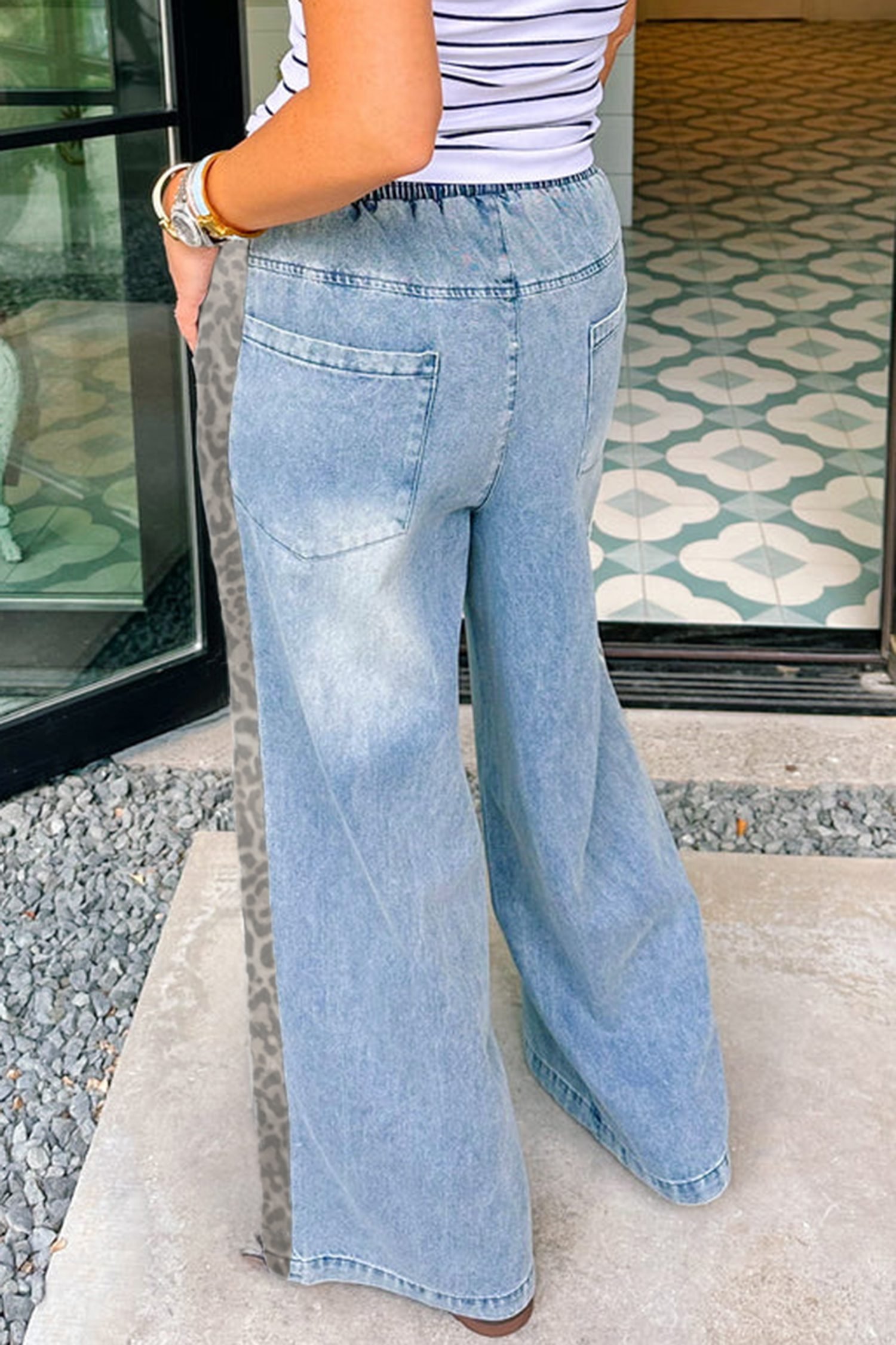 Beau Blue Drawstring Elastic Waist Leopard Striped Side Panel Wide Leg Jeans - Image 7