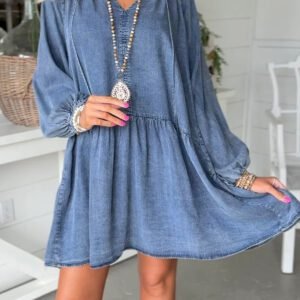 Myosotis Puff Sleeve V Neck Ruffled Loose Denim Mini Dress