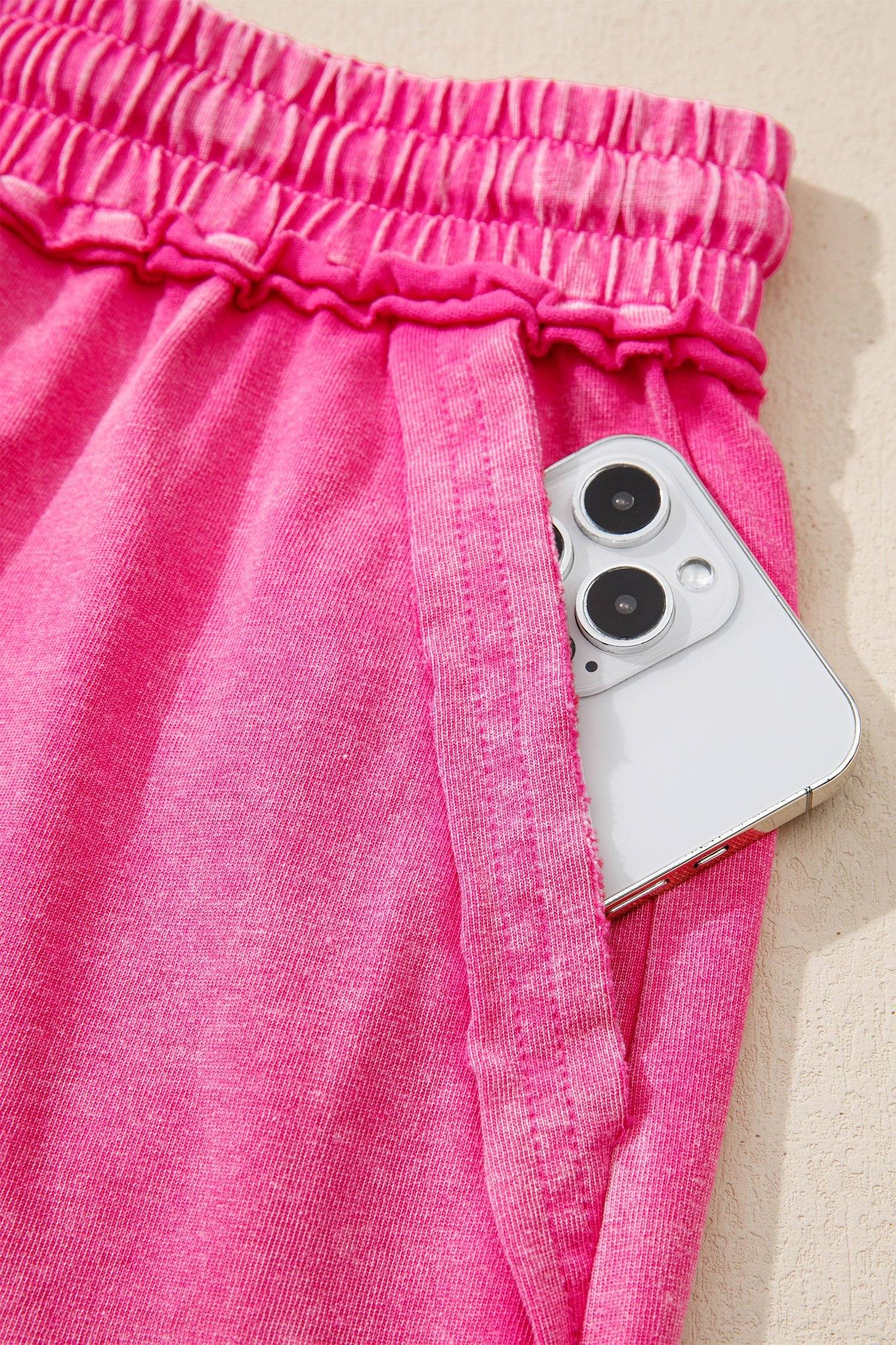 Rose Red Mineral Washed Drawstring Elastic Waist Raw Cut Shorts - Image 8