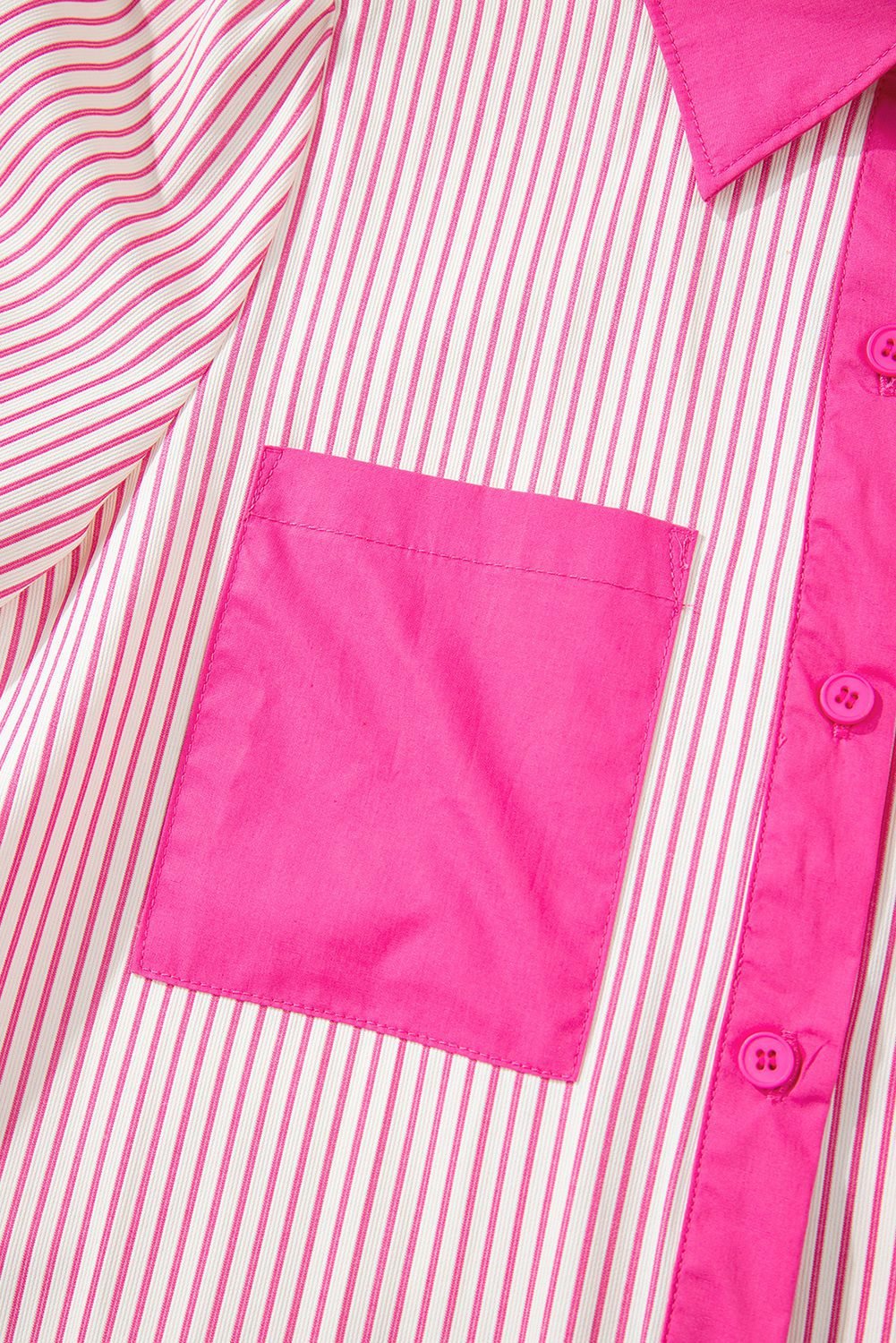 Rose Stripe Color Block Patchwork Shirt Collar Button Down Puff Sleeve Mini Dress