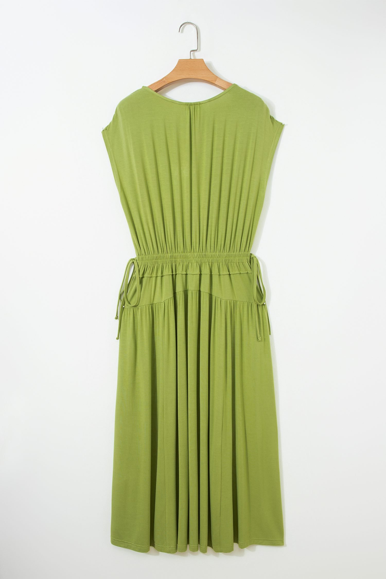Fern Green Solid V Neck Cap Sleeve Tunic Elastic Waist Versatile Maxi Dress