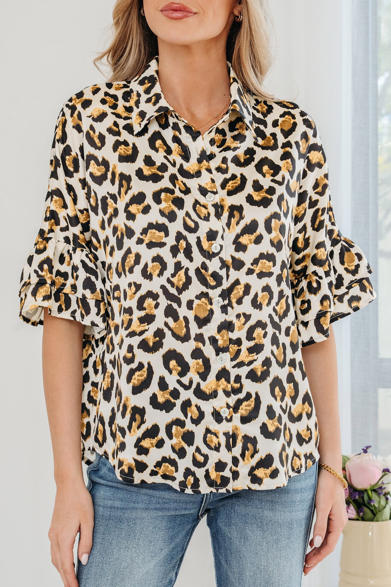 Khaki Leopard Print Ruffle Trim 3/4 Sleeve Loose Shirt