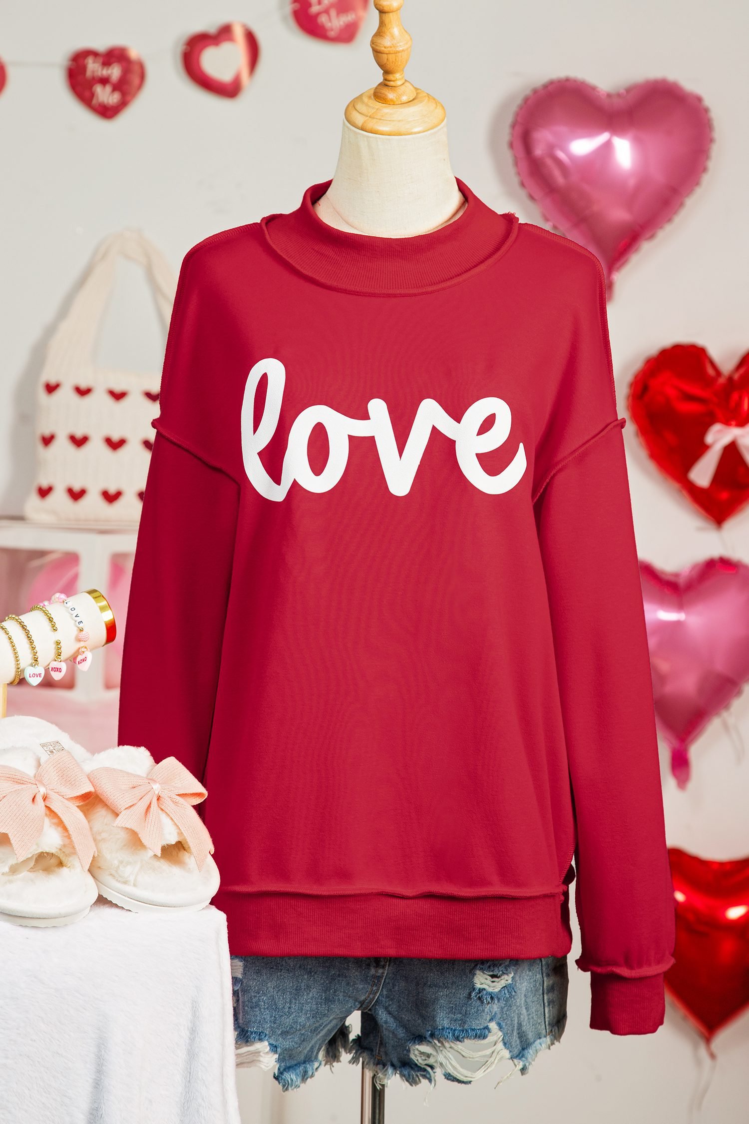 Racing Red Valentines Day Heart Love Script Reversible Printed Double Wear Mock Neck Sweatshirt