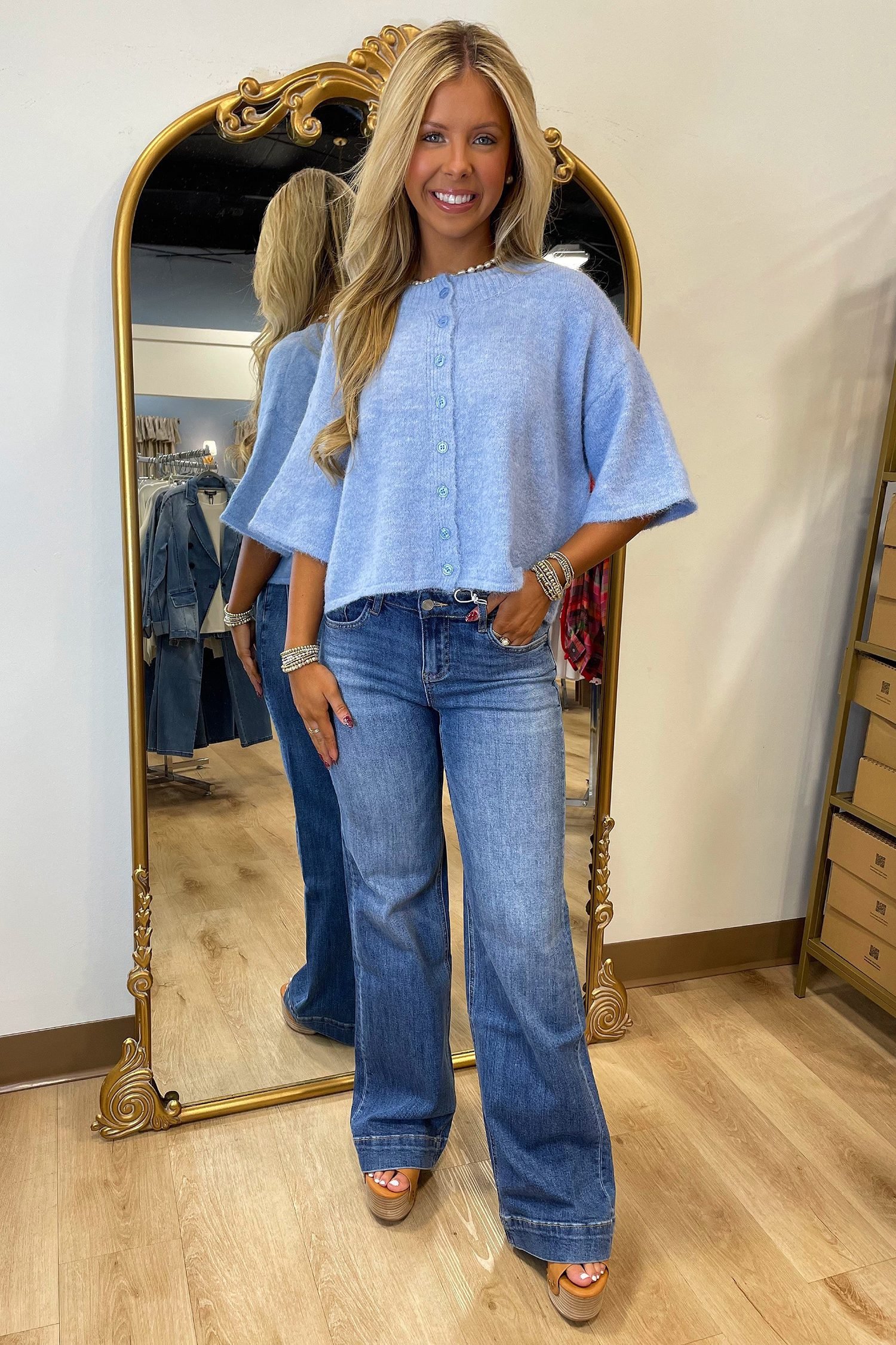 Beau Blue 3/4 Sleeve Boxy Knit Button Down Sweater Cardigan - Image 5