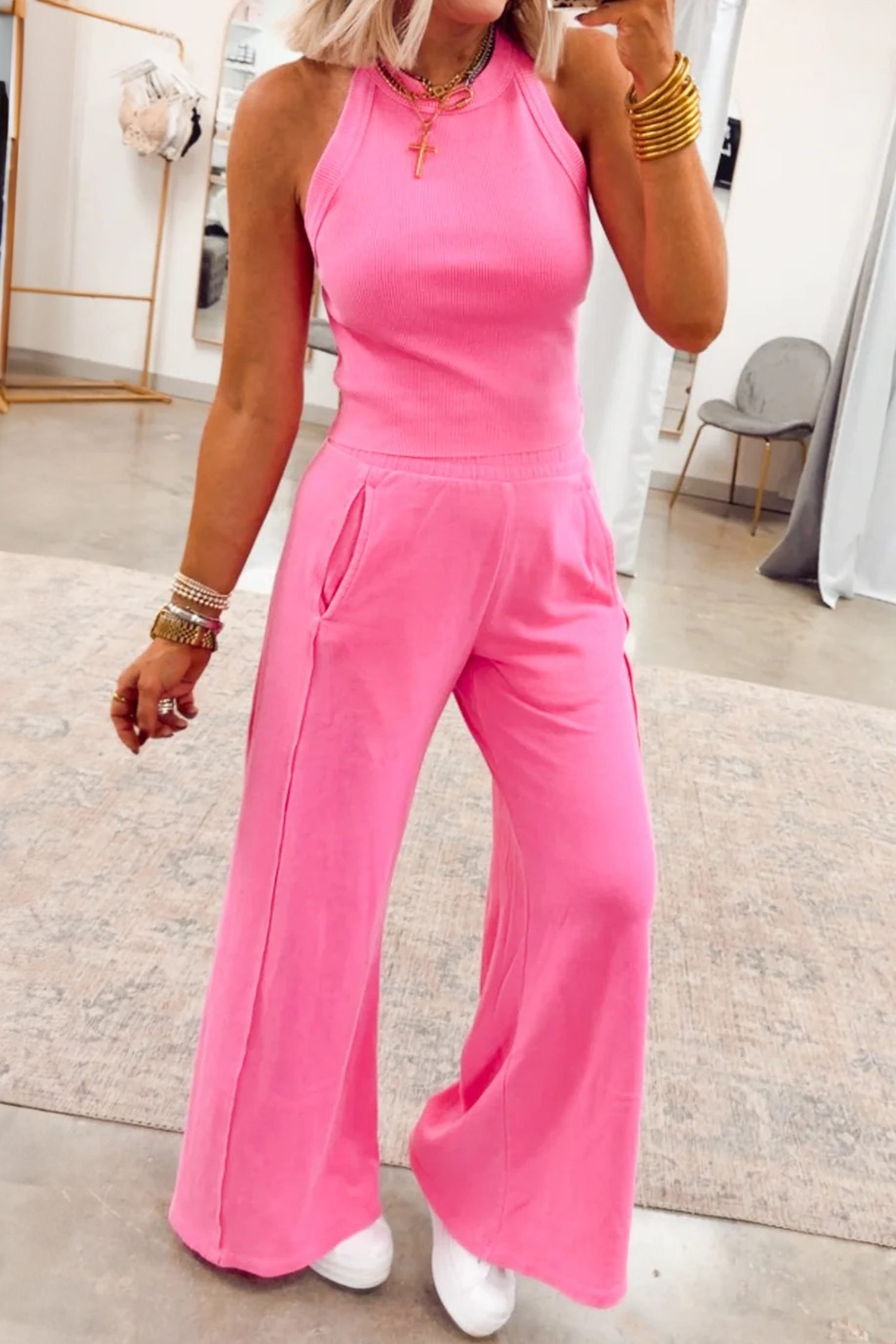 Sachet Pink Slim Ribbed Tank Top and Sweatpants Set - Image 4