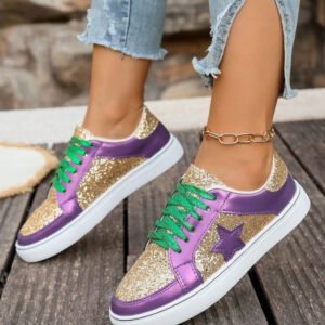 Tillandsia Purple Dearlove Glitter Star Patchwork PU Leather Lace-up Sneakers