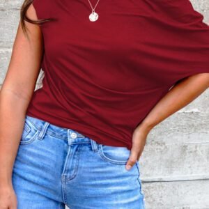 Burgundy Plus Size Solid Color Asymmetric Neck Short Sleeve Blouse