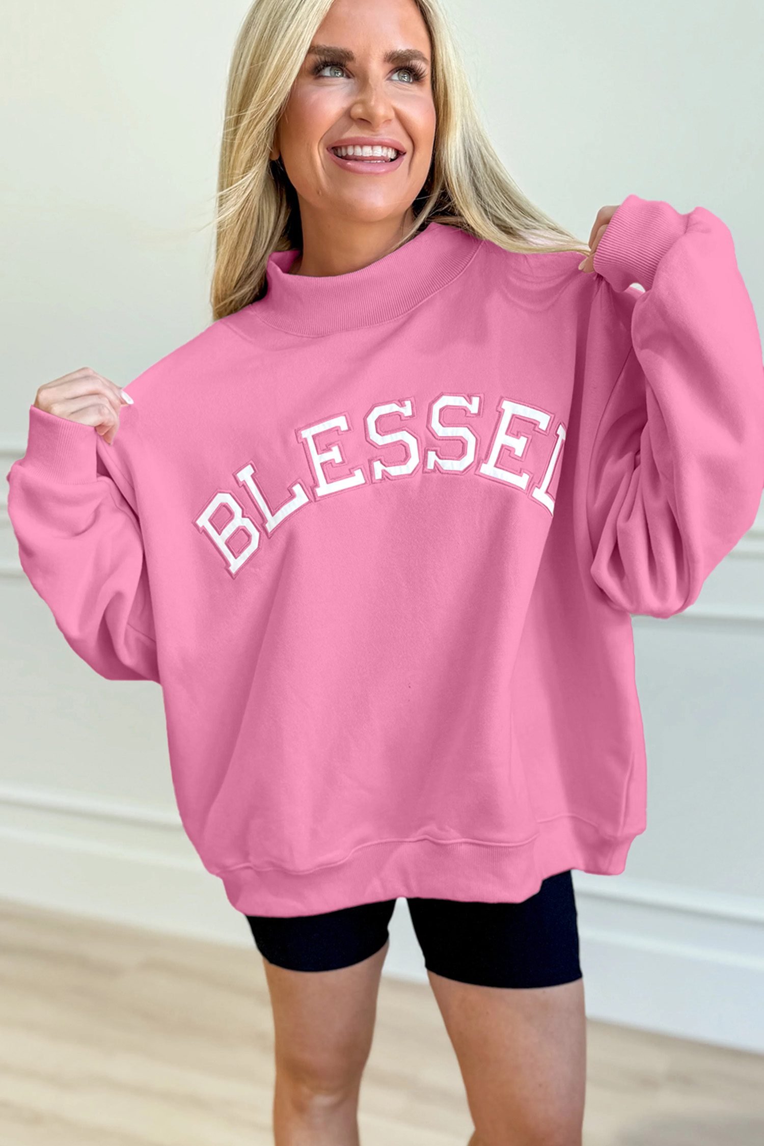 Bright Pink Oversize Blessed Embroidered Mock Neck Sweatshirt - Image 4