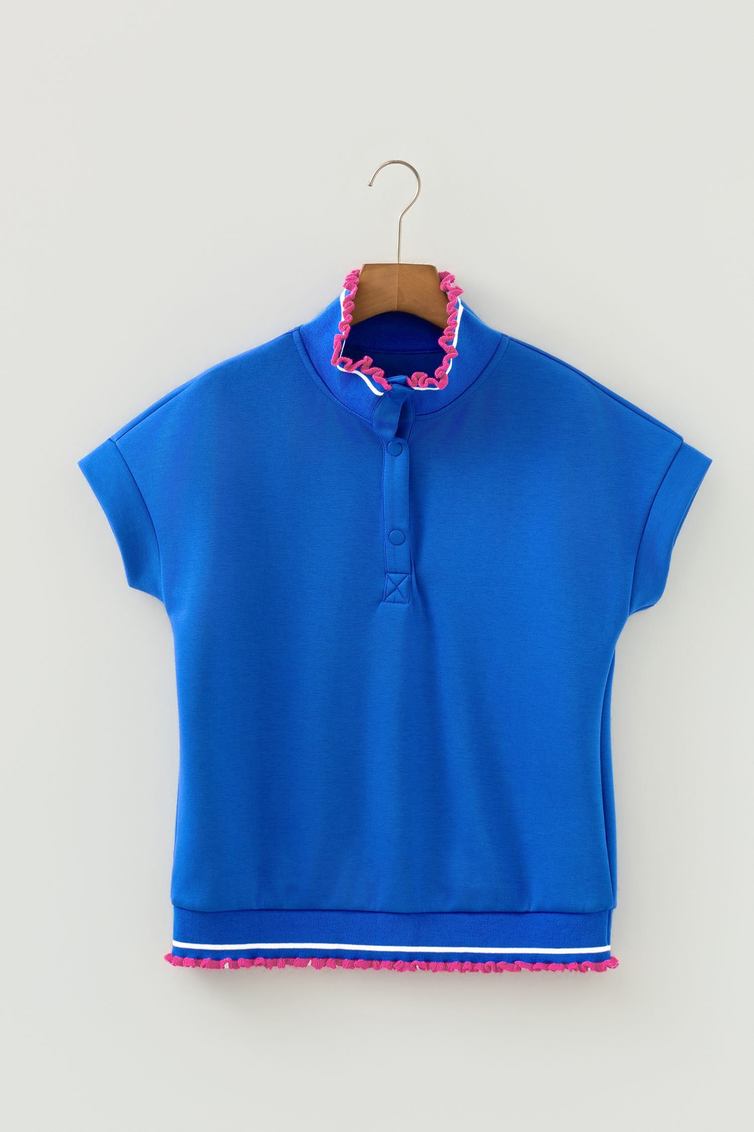 Sky Blue Contrast Frilled Trim Button Collared Short Sleeve Knit Top - Image 7