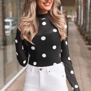 Black Vintage Polka Dot Print Mesh Long Sleeve Bodysuit