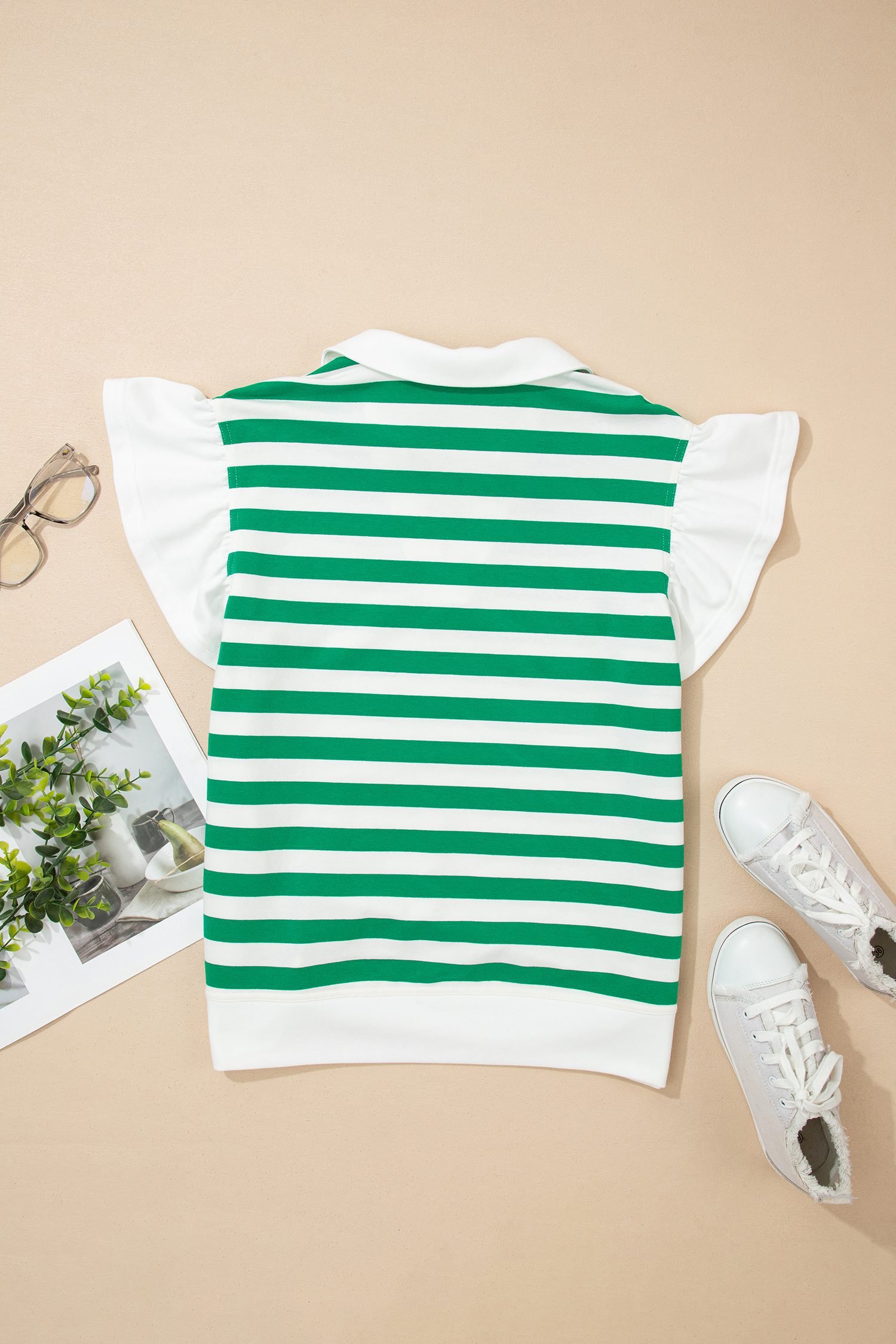 Green Stripe Collar V Neck Ruffled Short Sleeve Blouse