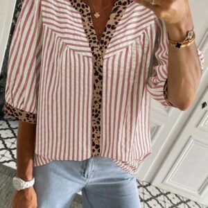 Pink Stripe Leopard Trim V Neck Button Down Half Sleeve Shirt