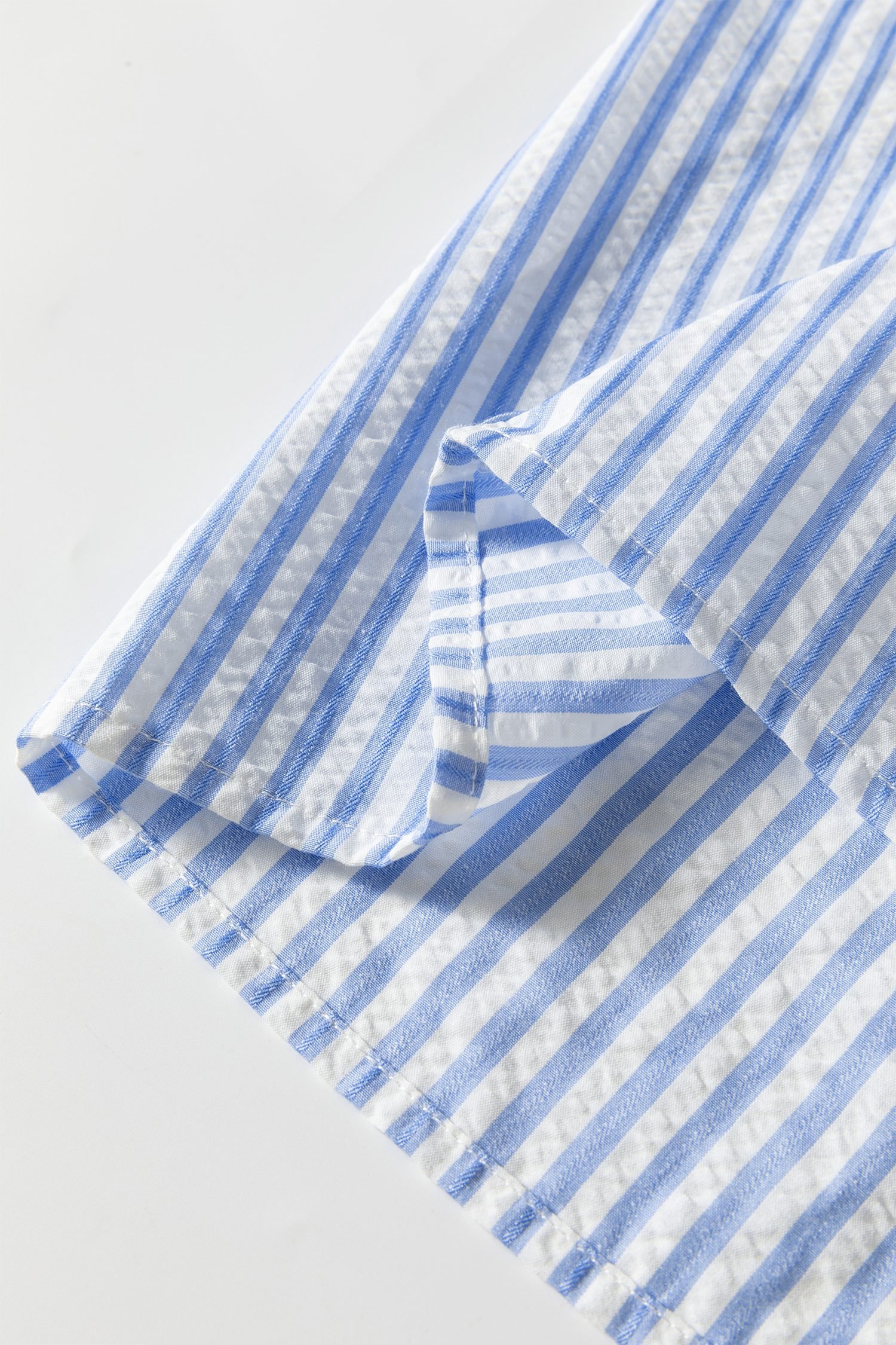 Sky Blue Stripe Ricrac Trim Short Puff Sleeve Leopard Patchwork Collar V Neck Blouse - Image 12