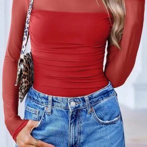 Fiery Red Sheer Mesh Patchwork High Neck Long Sleeve Top