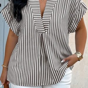 Black Stripe Plus Size V Neck Roll-tab Short Dolman Sleeve Blouse