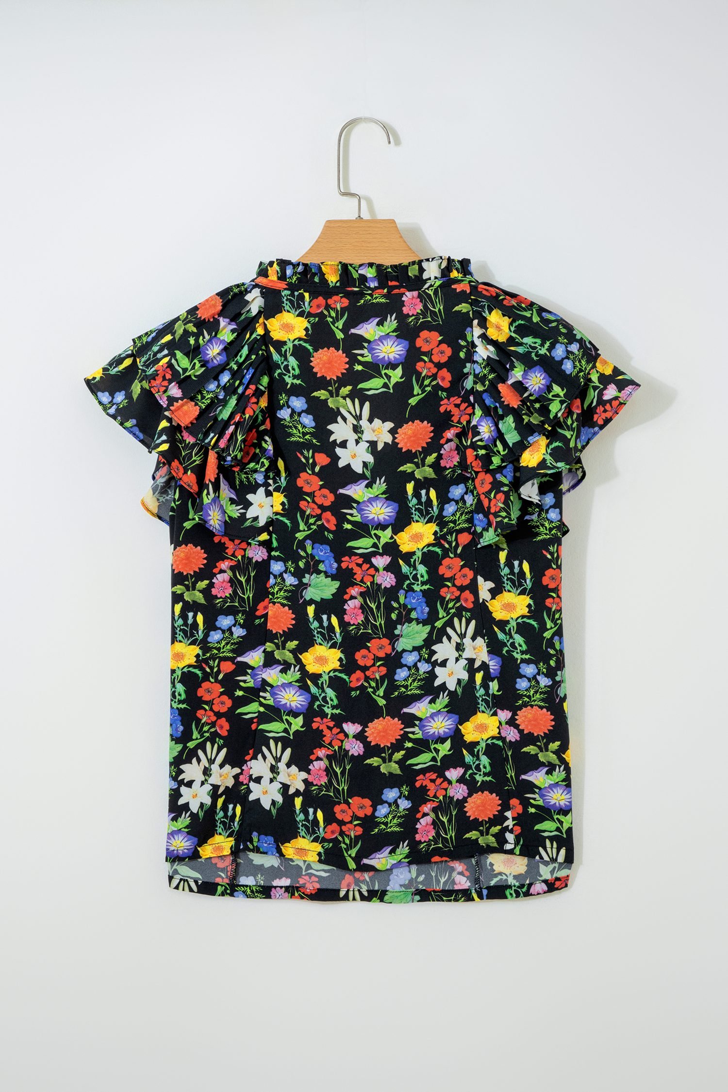 Black Tiered Flutter Sleeve V Neck Flower Blouse - Image 10