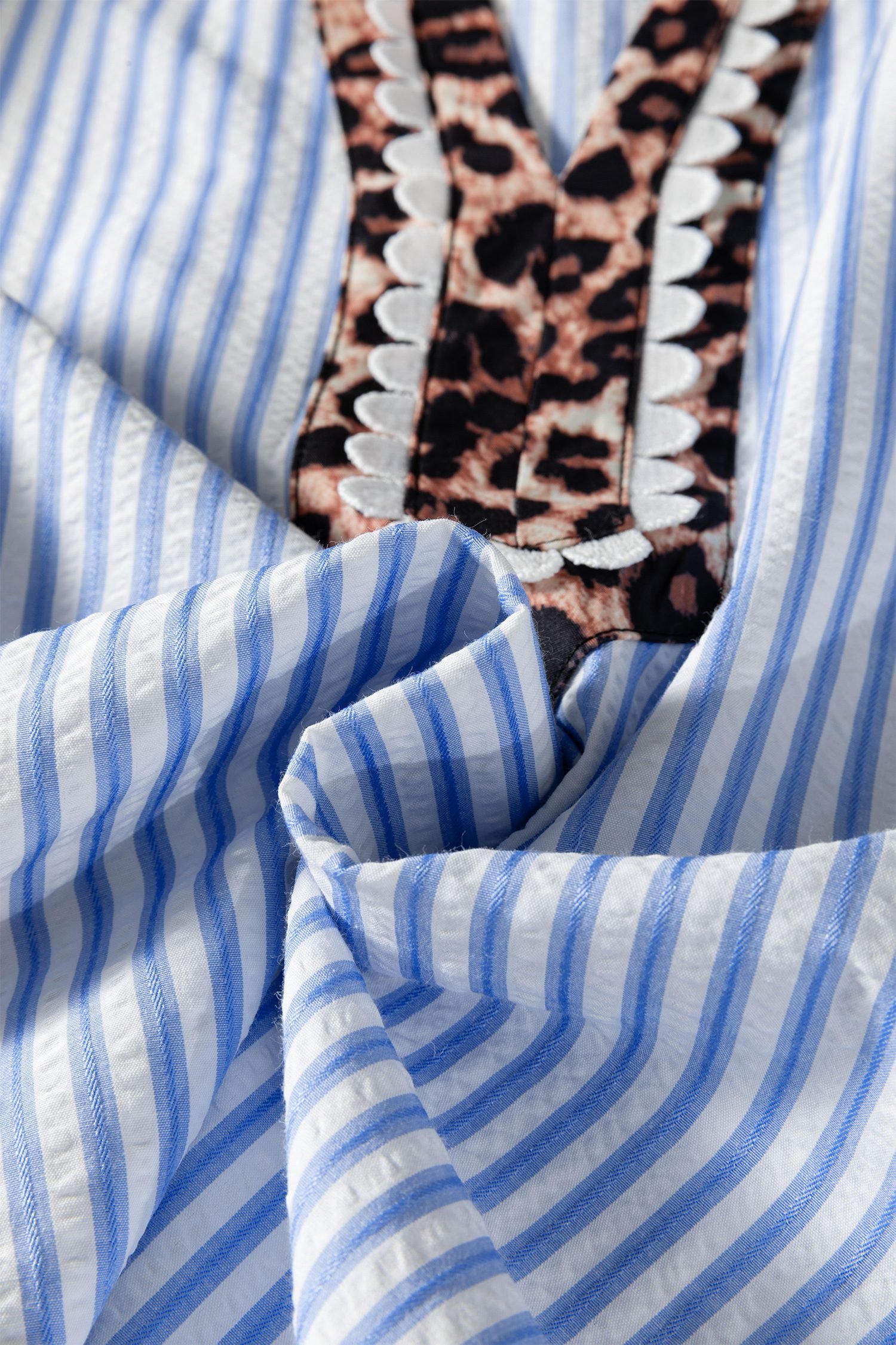 Sky Blue Stripe Ricrac Trim Short Puff Sleeve Leopard Patchwork Collar V Neck Blouse - Image 14