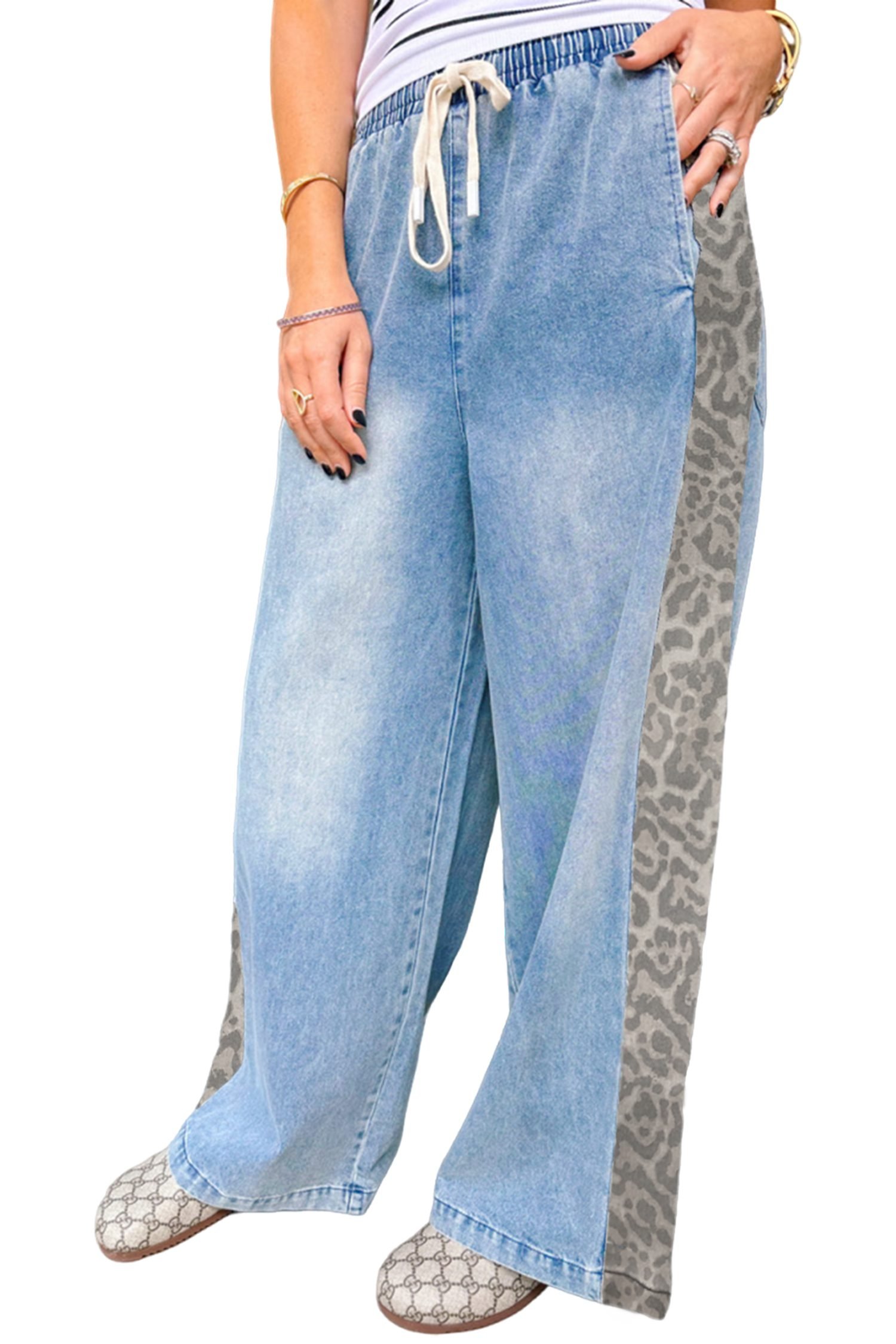 Beau Blue Drawstring Elastic Waist Leopard Striped Side Panel Wide Leg Jeans - Image 18