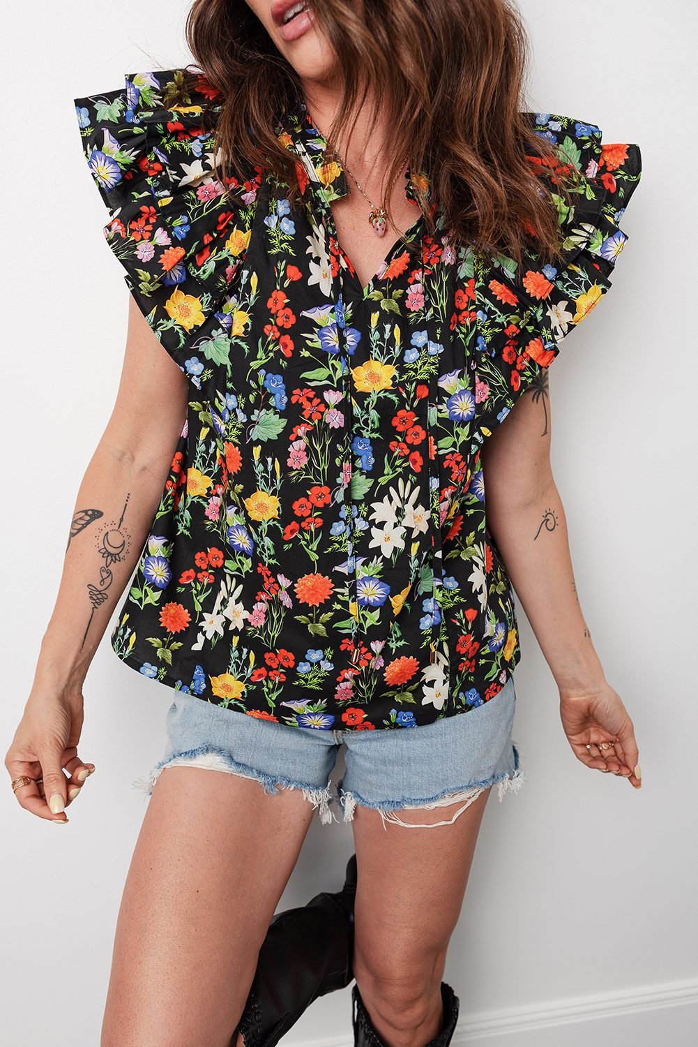 Black Tiered Flutter Sleeve V Neck Flower Blouse - Image 6
