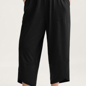 Black Plus Size Elastic Waist Asymmetrical Hem Loose Capris Pants