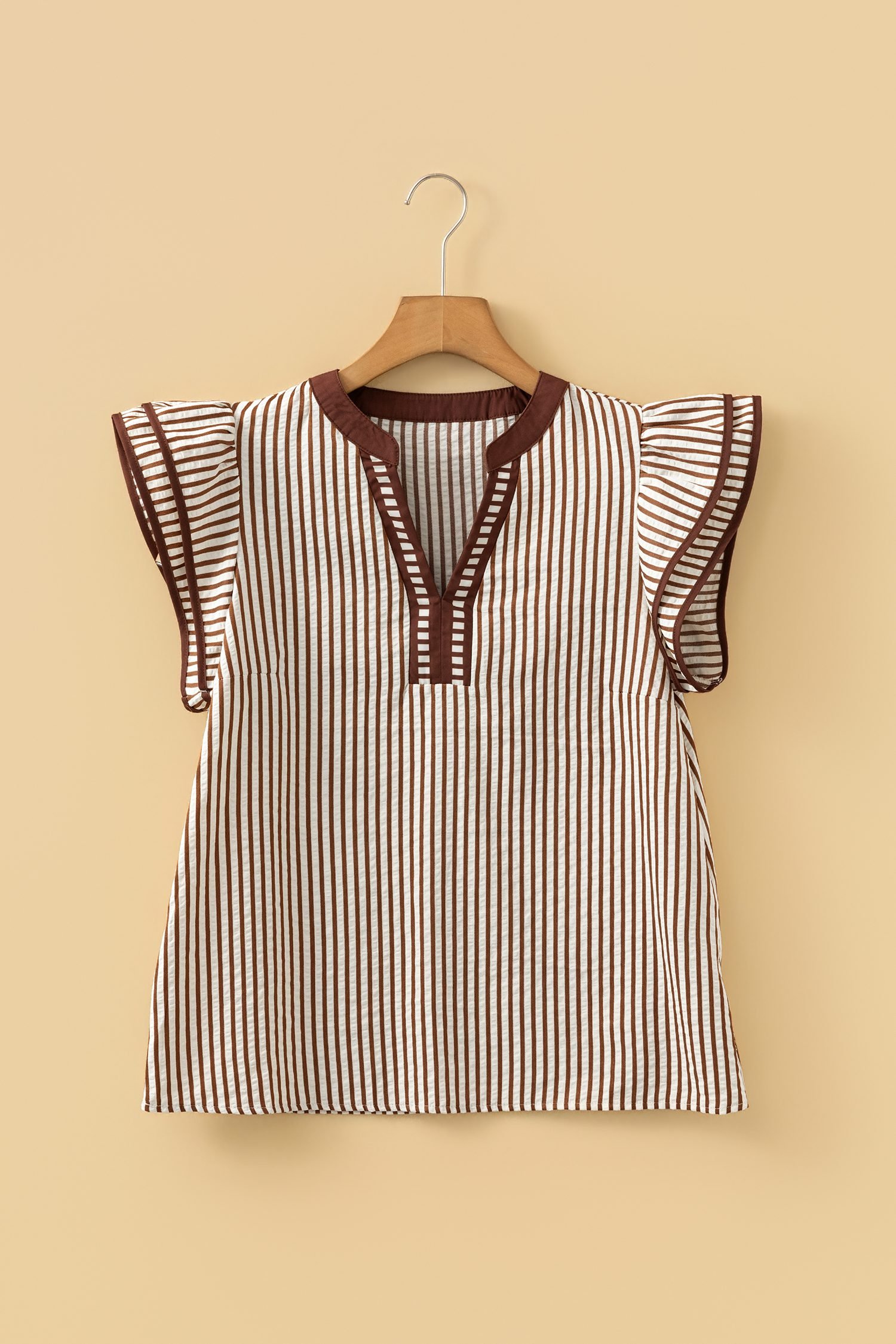 Khaki Stripe Double Ruffled Short Sleeve V Neck Blouse - Image 15