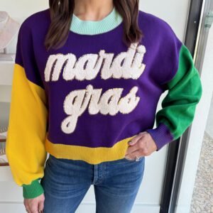 Tillandsia Purple Colorblock Patchwork Fuzzy Mardi Gras Graphic Sweater