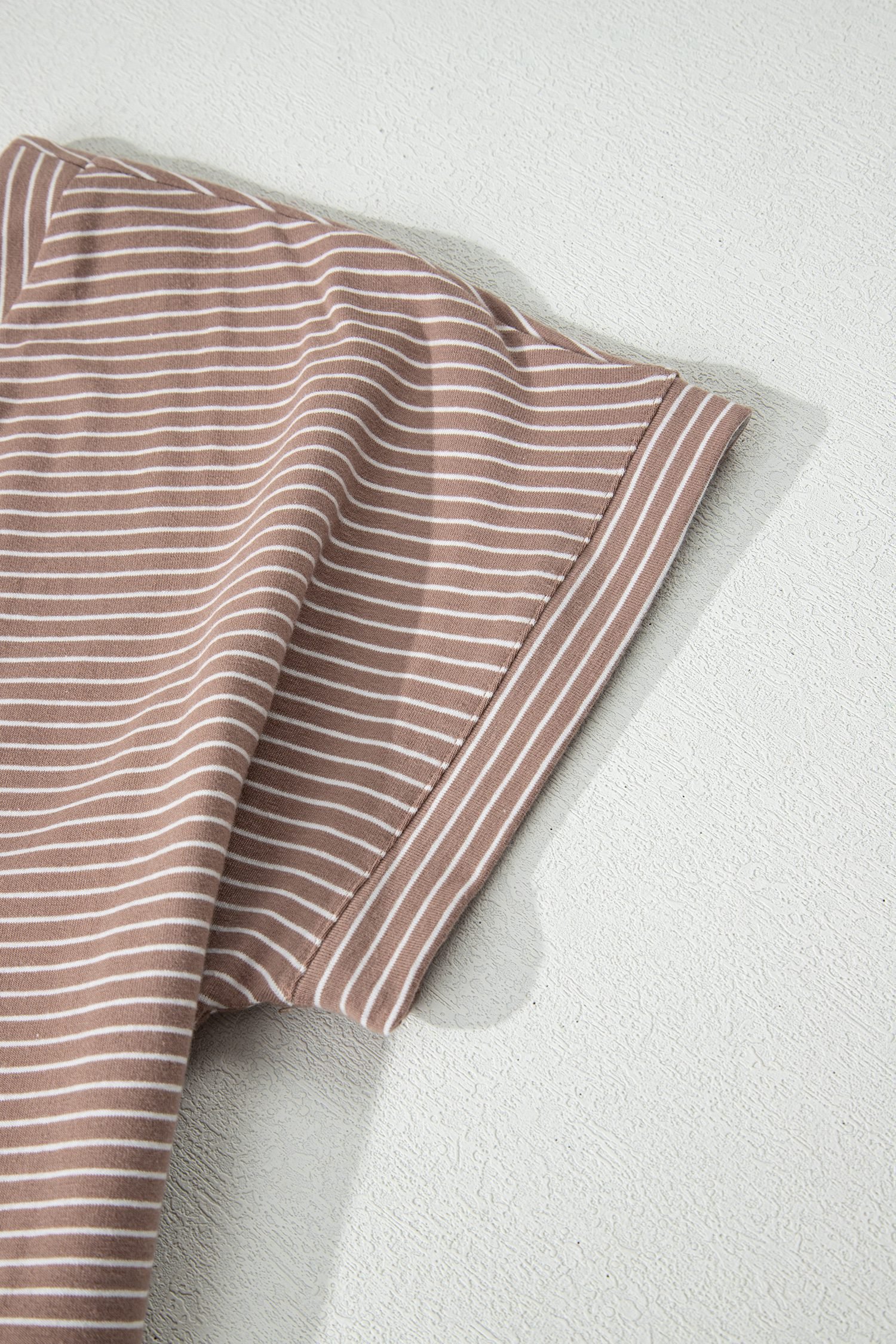 Khaki Stripe Buttoned V Neck High Low Side Slit T Shirt