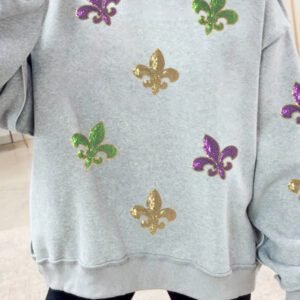 Light Grey Mock Neck Sequin Fleur De Lis Reversible Double Wear Sweatshirt