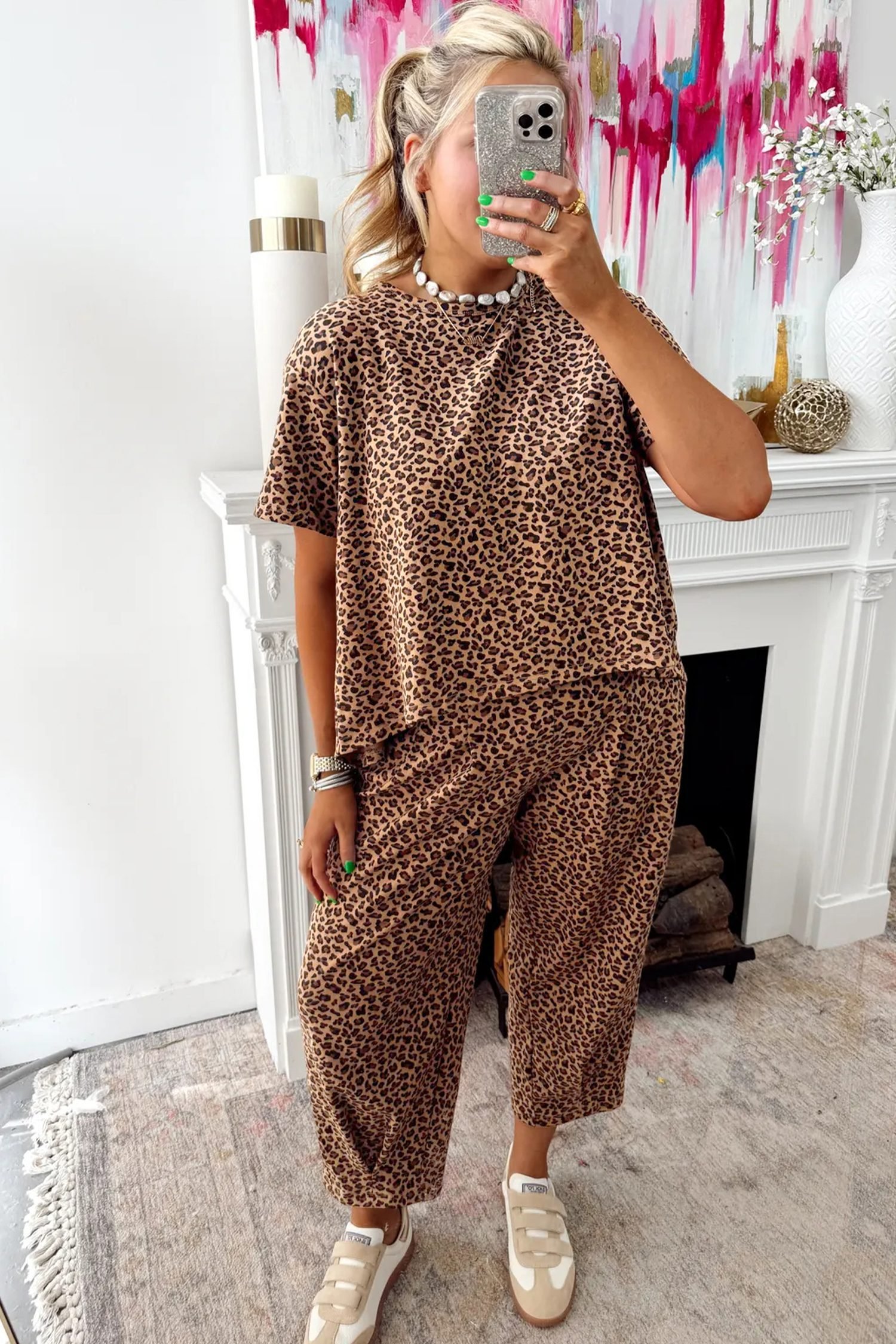 Brown Leopard Loose Tee Drawstring Waist Barrel Pants Set - Image 5