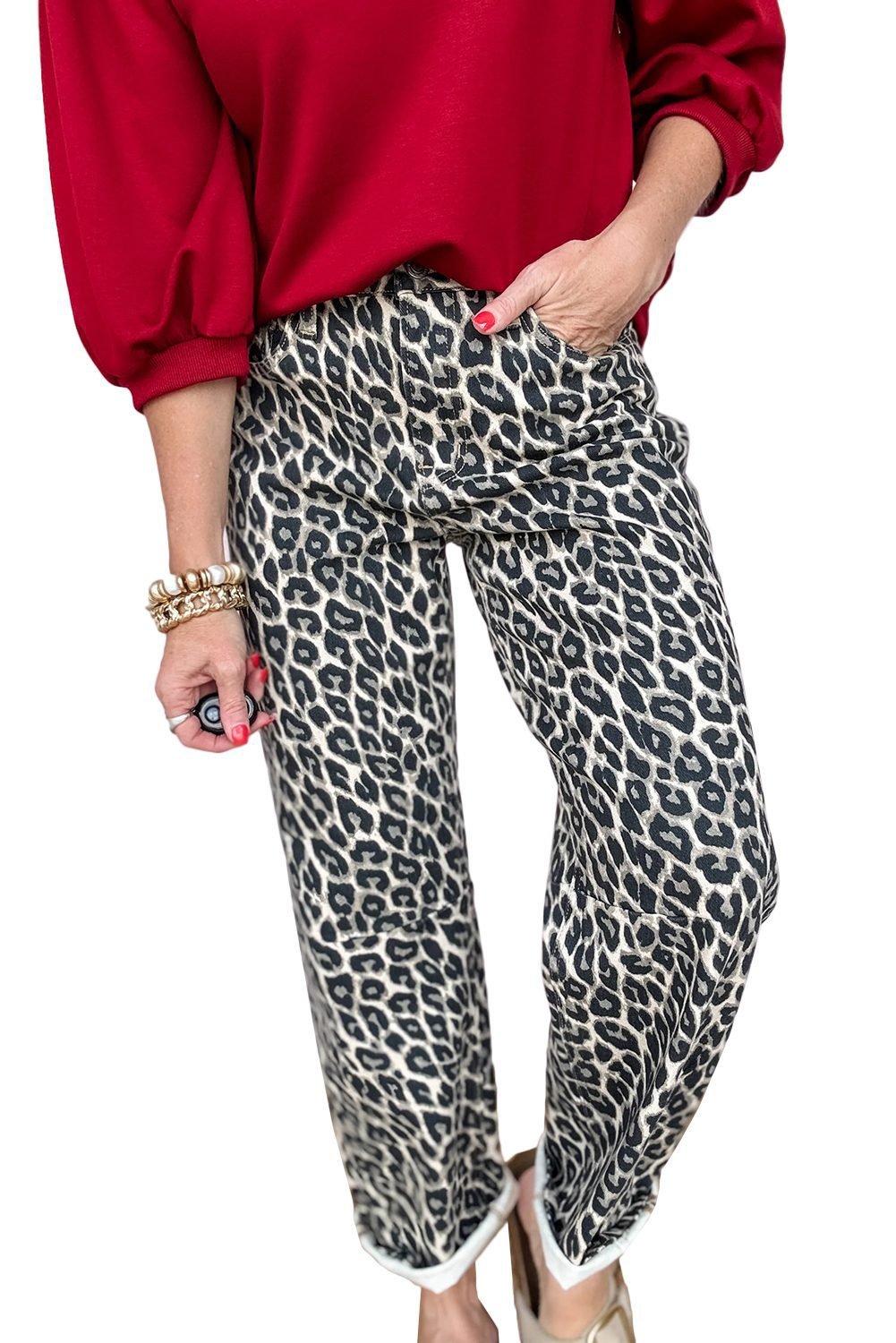 Black Leopard Print Barrel Jeans - Image 17