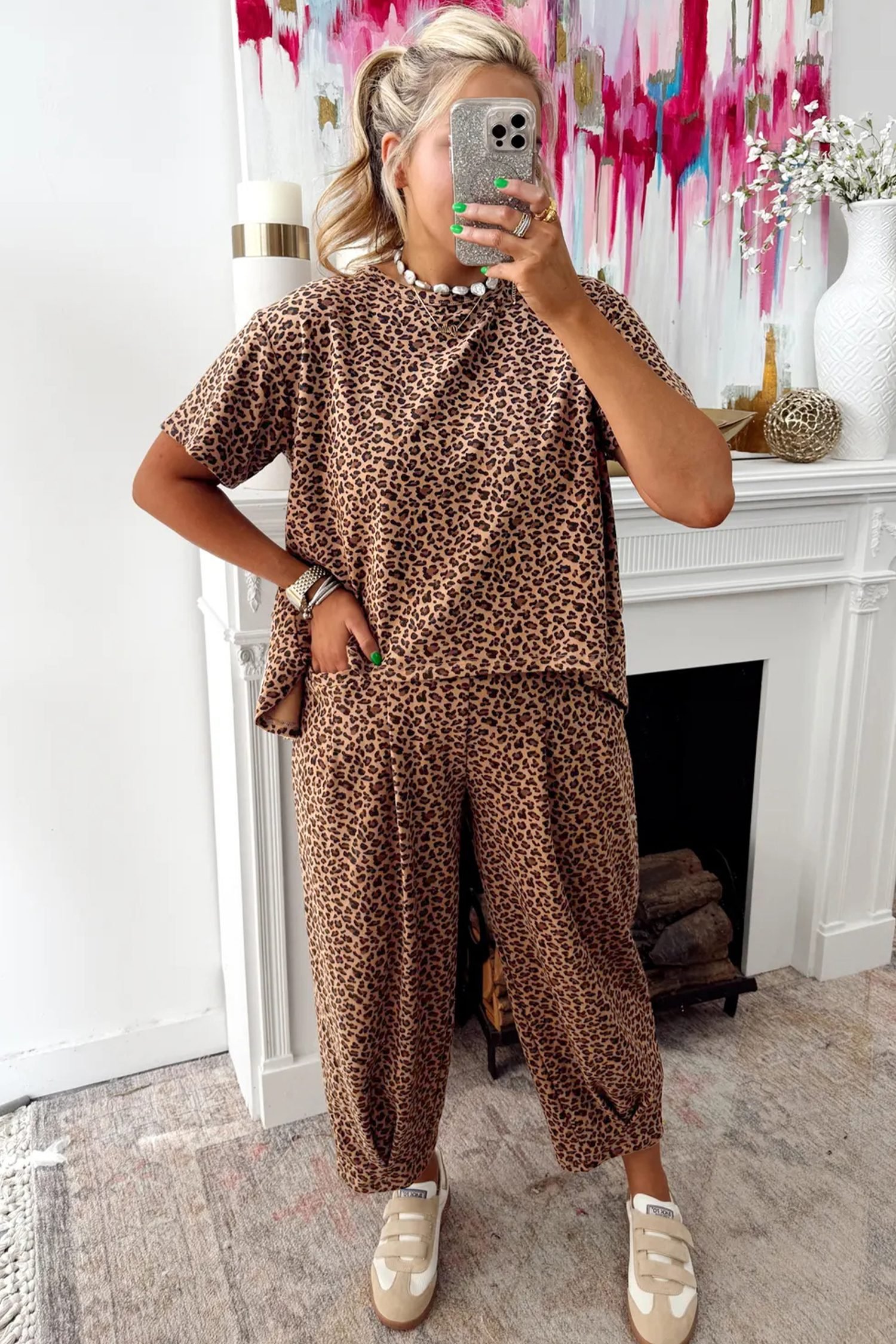 Brown Leopard Loose Tee Drawstring Waist Barrel Pants Set - Image 3