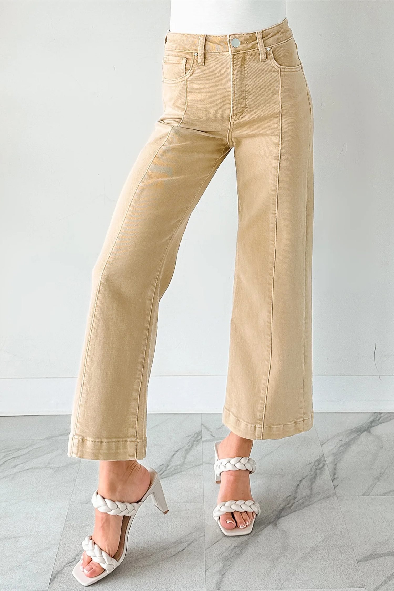 Apricot Solid Color Seamed Center Wide Leg Cropped Jeans - Image 4