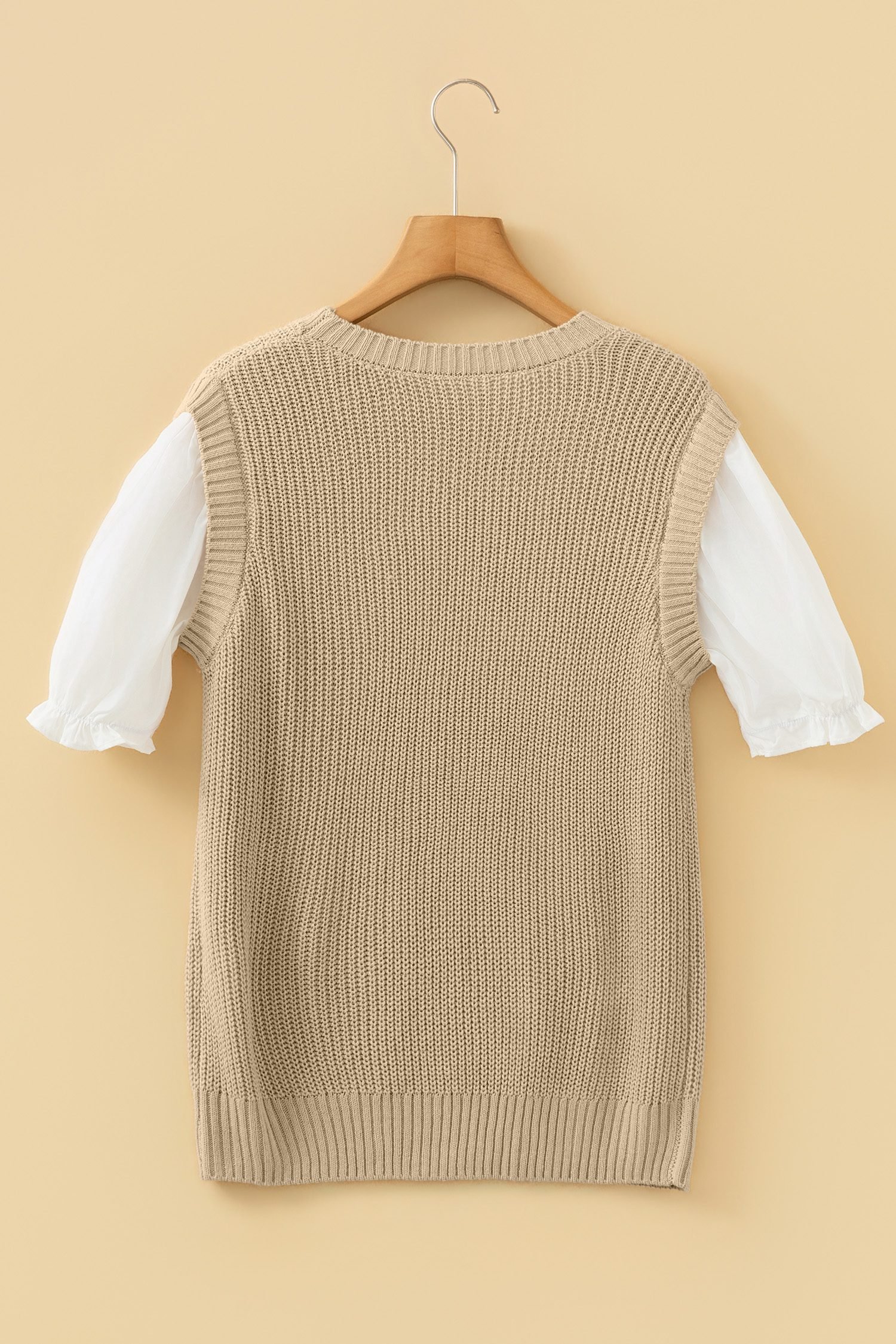 Light French Beige Round Neck Knit Contrast Short Sleeve Patchwork Sweater Top - Image 8