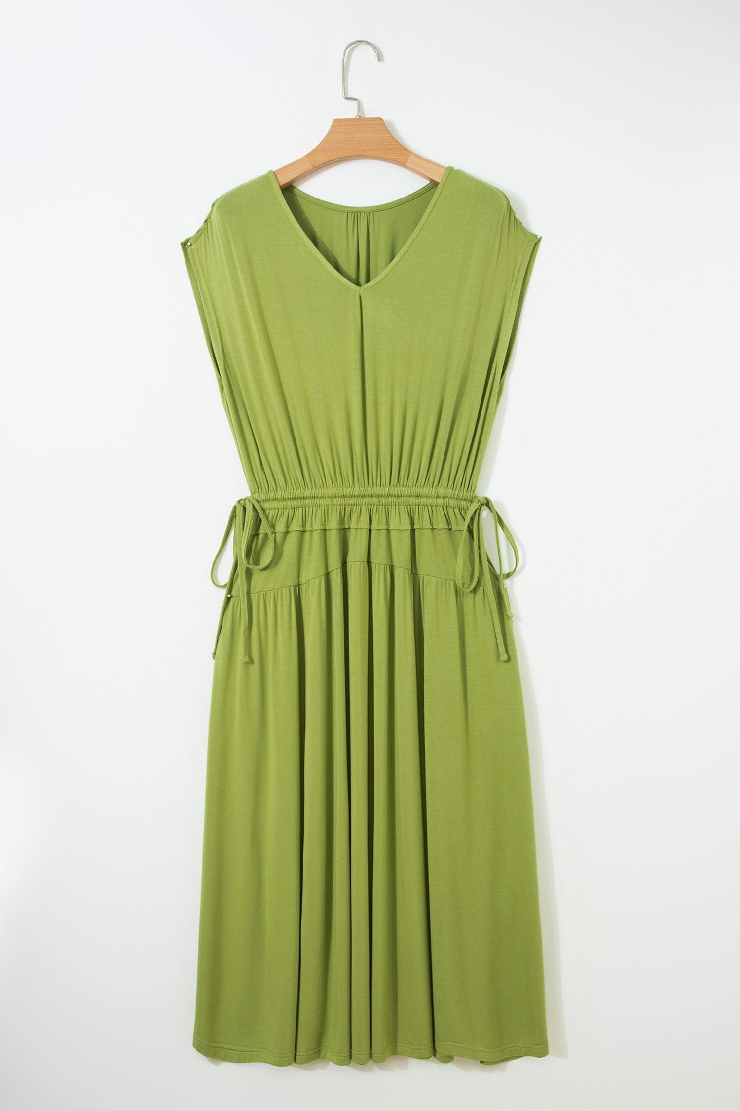 Fern Green Solid V Neck Cap Sleeve Tunic Elastic Waist Versatile Maxi Dress