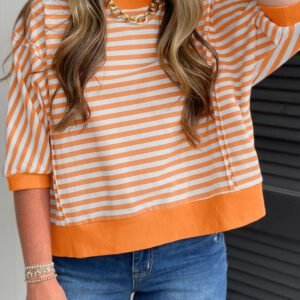 Orange Stripe 3/4 Sleeve Exposed Seam Patchwork Pullover Top