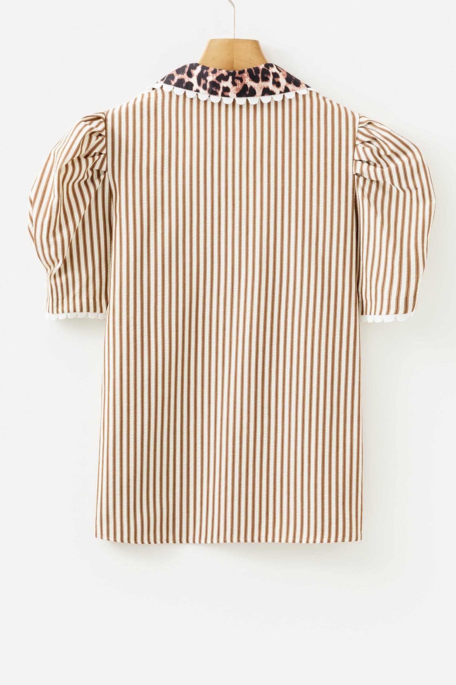 Brown Stripe Ricrac Trim Short Puff Sleeve Leopard Patchwork Collar V Neck Blouse