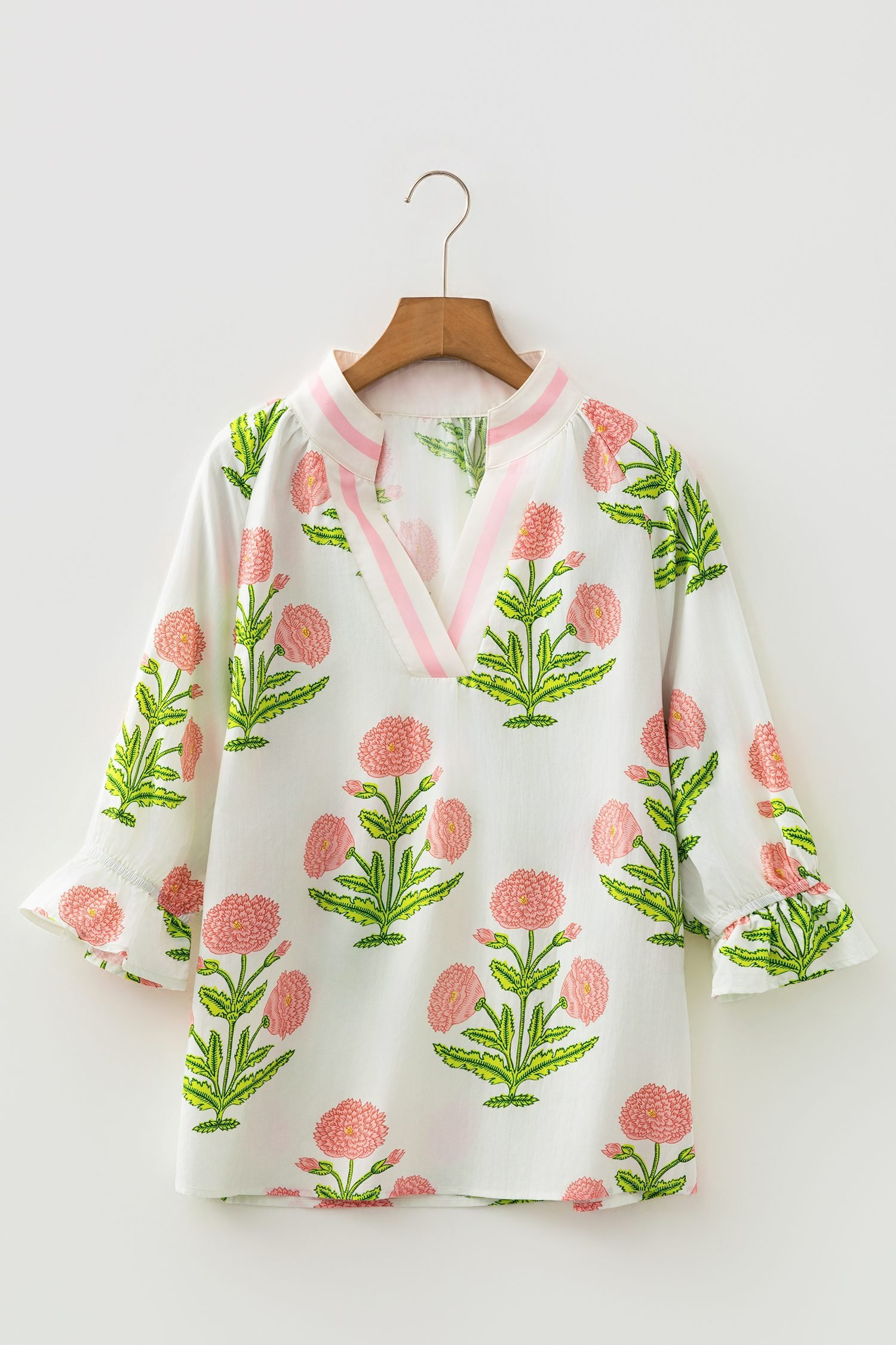 Casual Wild Flower Print V Neck 3/4 Sleeve Blouse