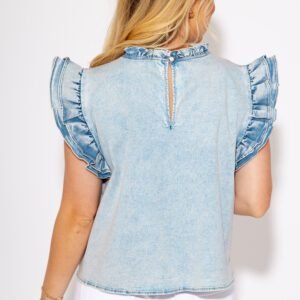 Beau Blue Ruffle Pleated Detail Vintage Washed Denim Top