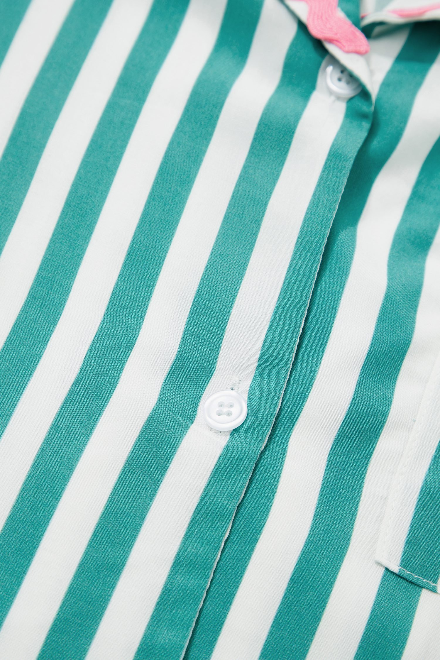 Green Stripe Contrast Ricrac Trim Long Sleeve Shirt Drawstring Ruffled Pajama Short Set