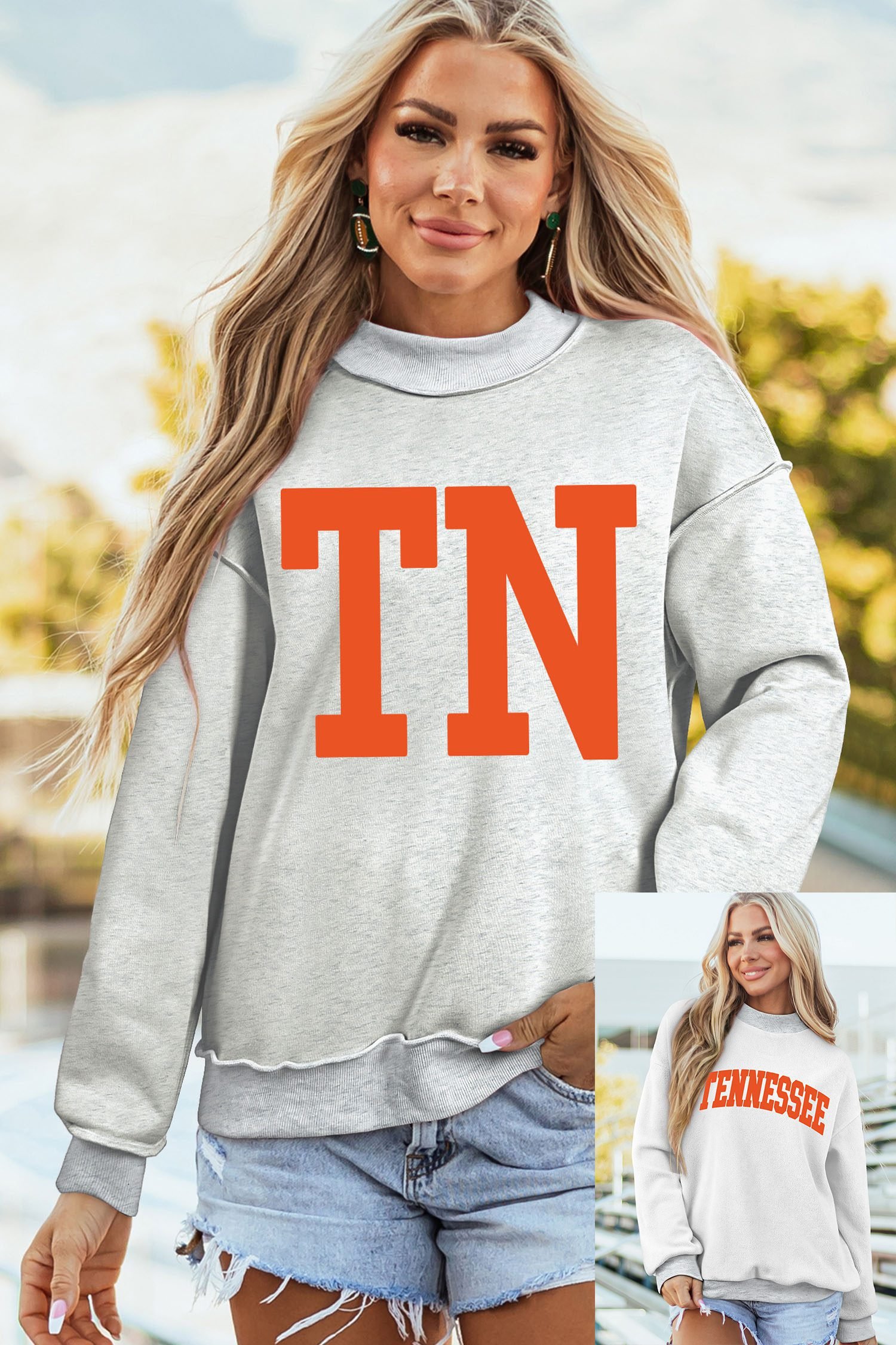 Light Grey TN TENNESSEE Double Printed Reversible Mock Neck Sweatshirt