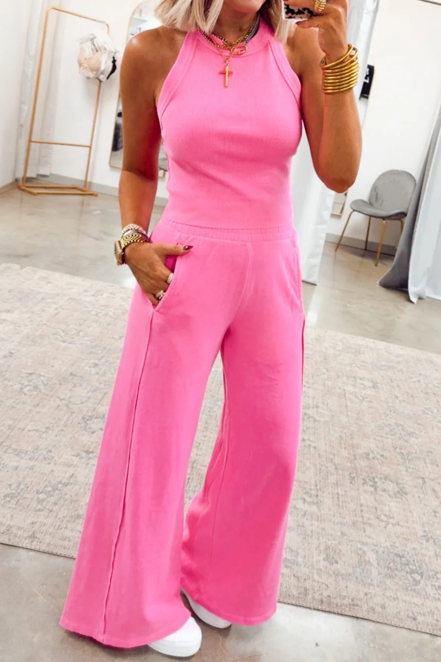 Sachet Pink Slim Ribbed Tank Top and Sweatpants Set - Image 3