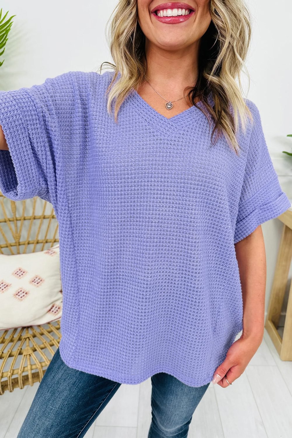 Wisteria Waffle V Neck Short Sleeve Knit Top - Image 2